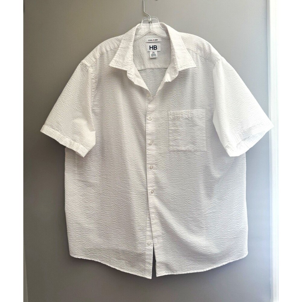 HB Men's 1XL White Textured Button-Up Short Sleeve Shirt Pockets Cotton Blend